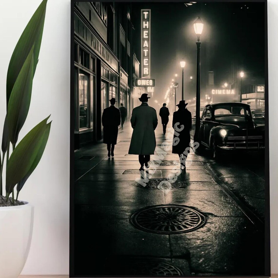 Vintage Theater Marquee Rainy Night Film Noir Street Wall Poster