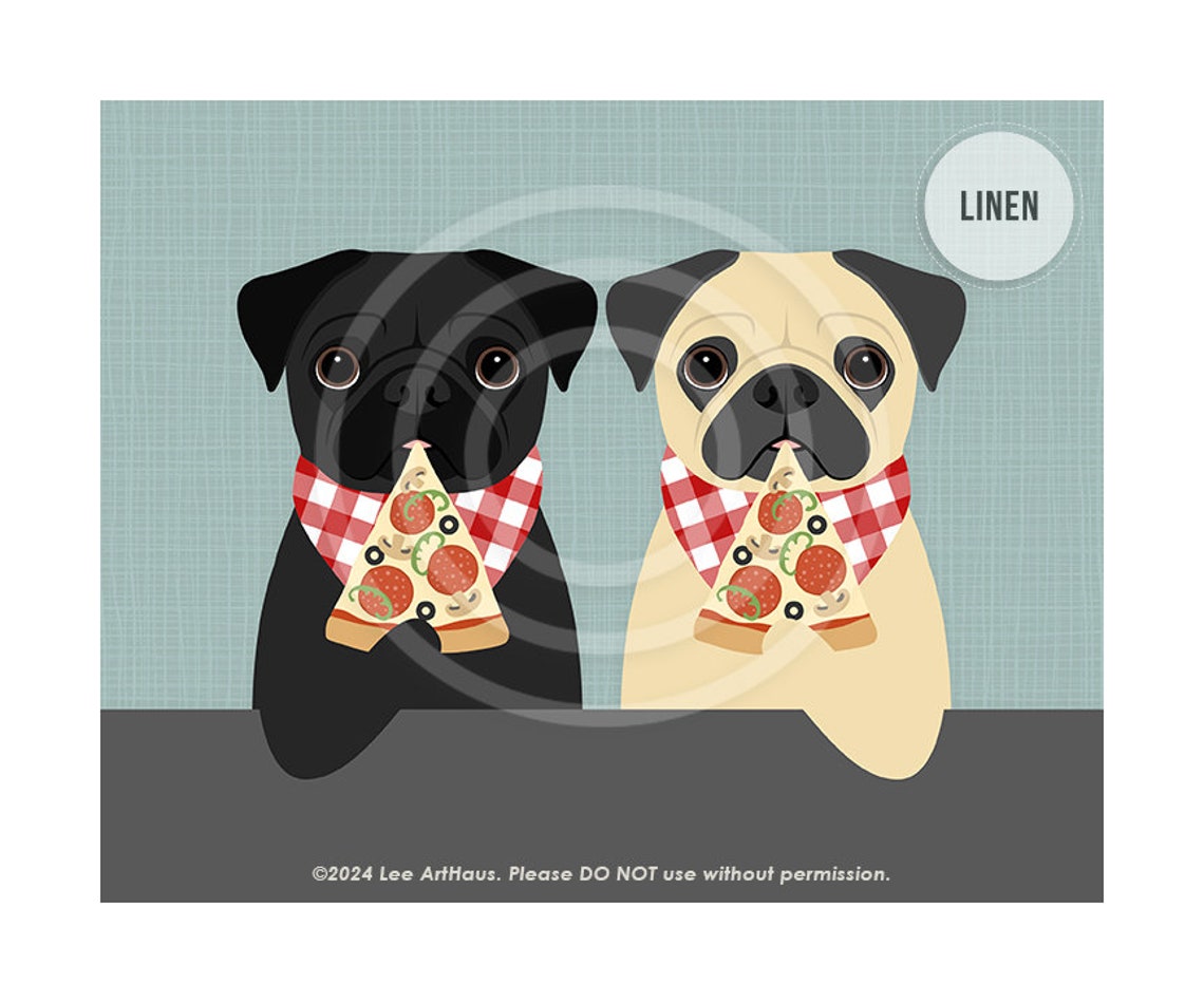 Two Pugs Eating Pizza With Checkered Bibs Cute Funny Dog Art Poster - Image 7