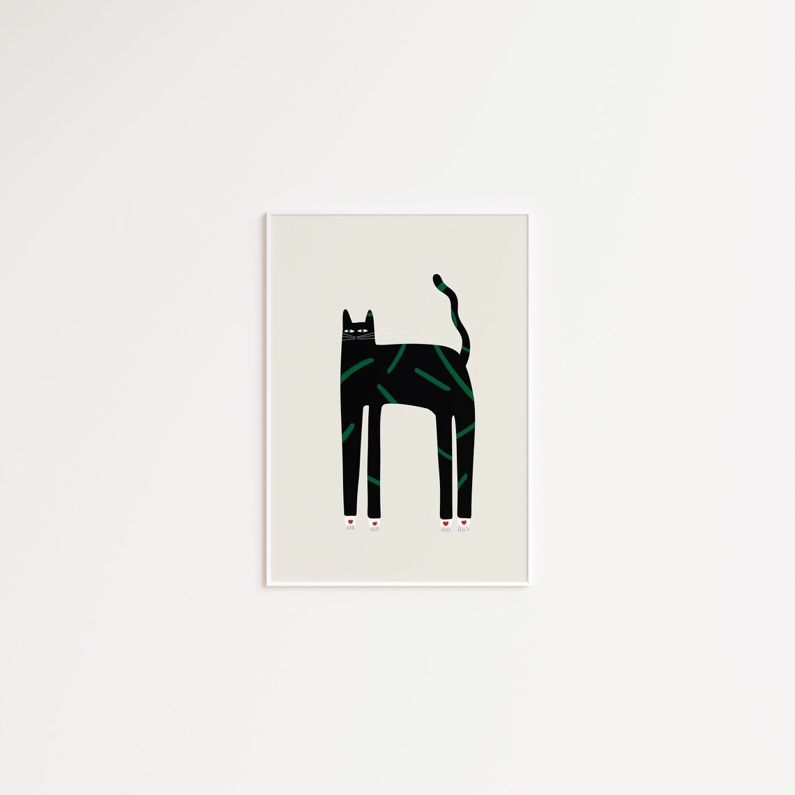 Quirky Long Legged Black Cat with Green Stripes Poster Art Decor