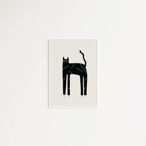 Quirky Long Legged Black Cat with Green Stripes Poster Art Decor
