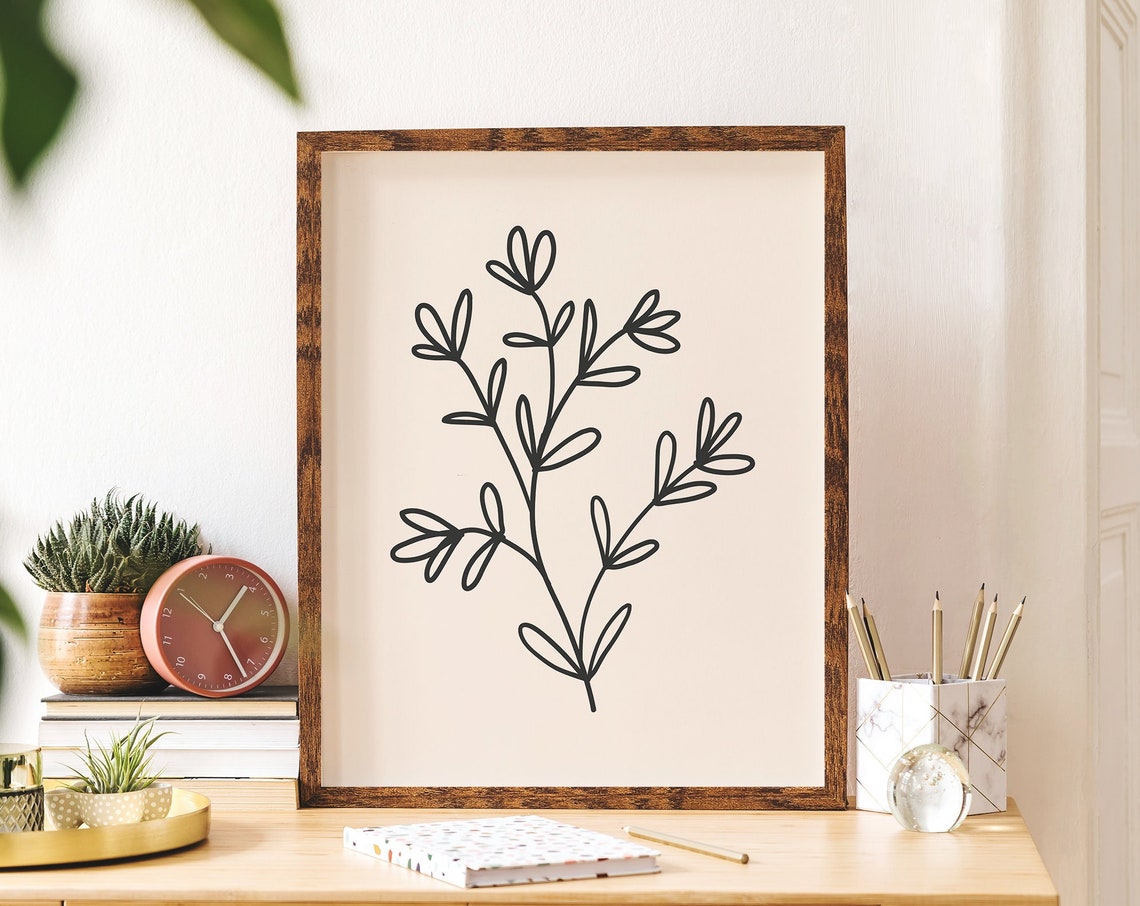 Minimalist Black Line Botanical Sprig Poster on Warm Cream Background