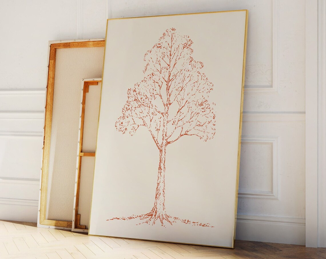 Tree Sketch Orange Line Minimal Botanical Art Wall Decor Poster
