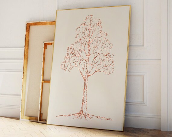 Tree Sketch Orange Line Minimal Botanical Art Wall Decor Poster