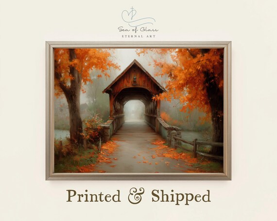 Covered Bridge in Autumn Mist Fall Foliage Oil Painting Poster