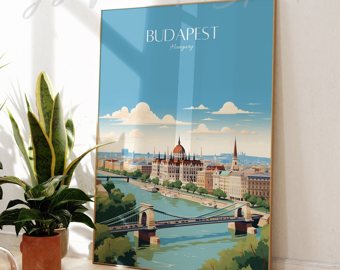 Budapest Hungary Parliament Chain Bridge Danube River Travel Poster