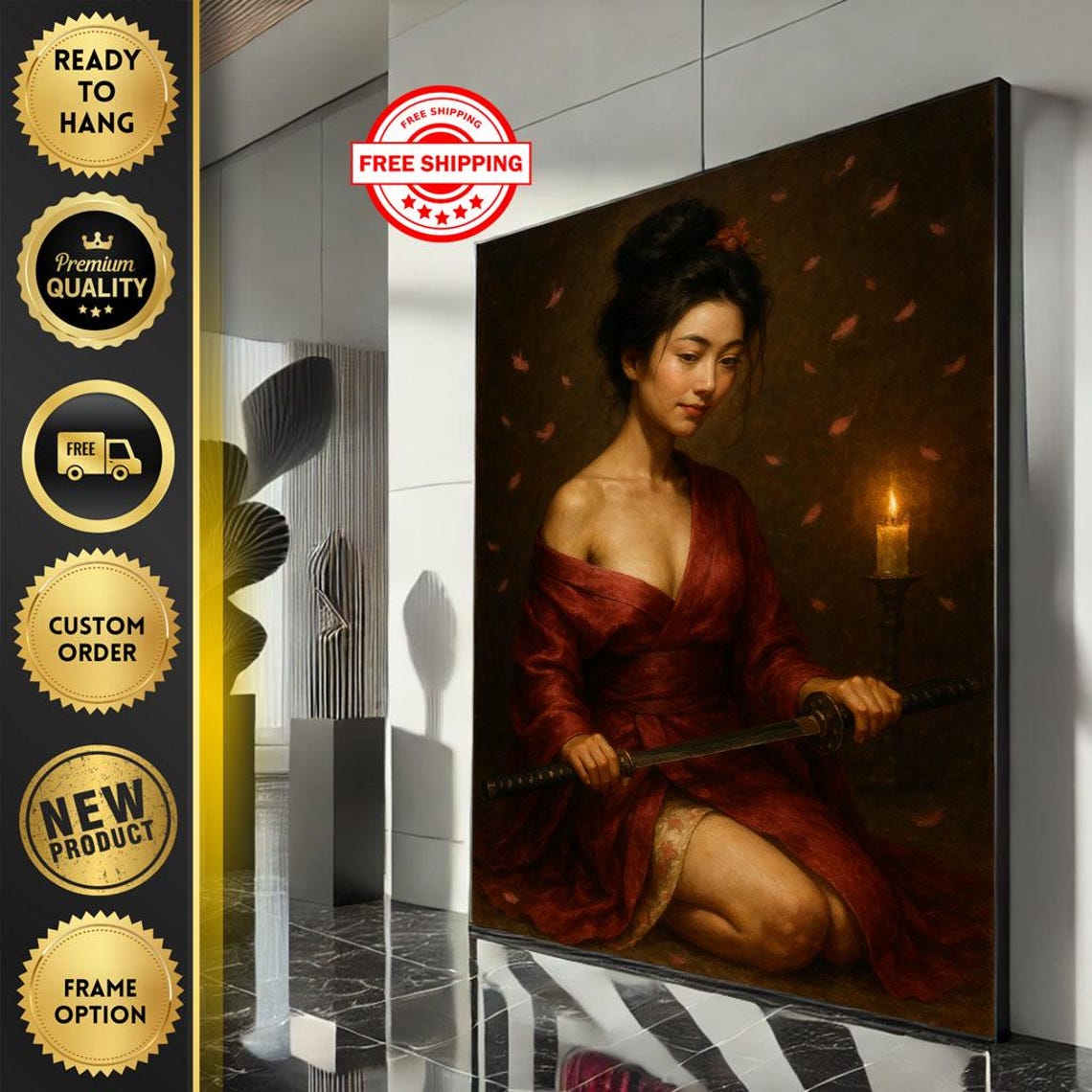 Japanese Samurai Woman Red Kimono Sword Candle Traditional Art Poster