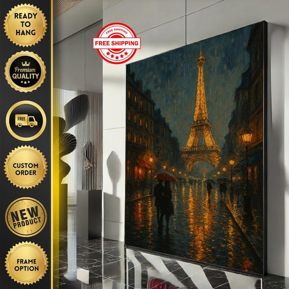 Romantic Eiffel Tower Night Scene Canvas Wall Art Print Moody Living Room Decor Ready To Hang