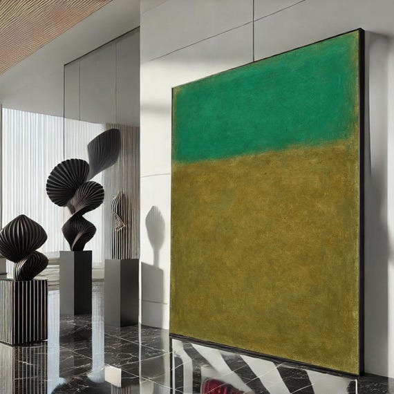 Rothko Style Green And Ochre Canvas Bold Color Field Painting For Modern Living Room Decor Statement Piece