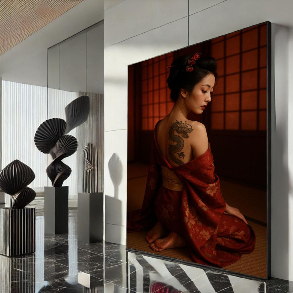Kneeling Geisha Red Floral Kimono Dragon Back Tattoo Elegant Poster