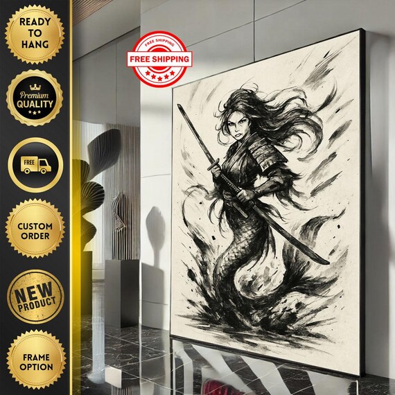 Fierce Samurai Woman Ink Wash Painting Monochrome Katana Art Print