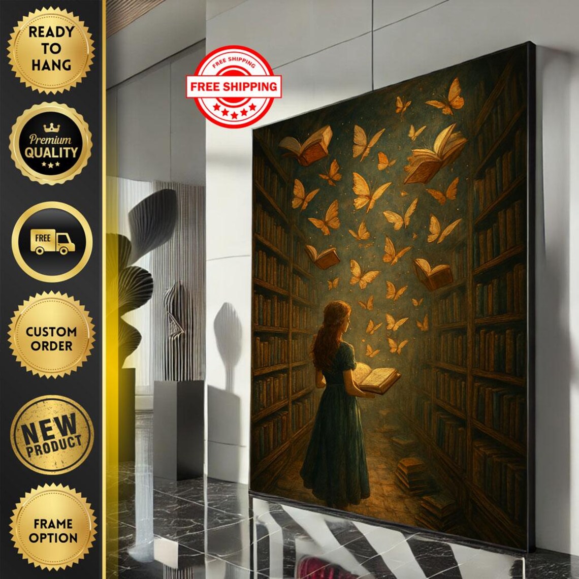 Girl Reading In Library With Butterfly Books Warm Magic Art Poster