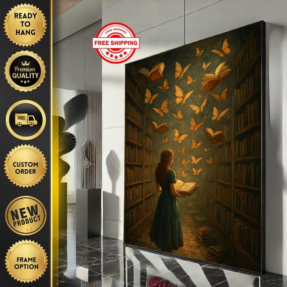 Whimsical Girl With Books And Butterflies Canvas Wall Art Print Warm Living Room Decor Ready To Hang