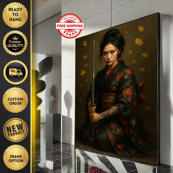 Elegant Japanese Warrior Woman Canvas Wall Art Print Bold Living Room Decor Ready To Hang