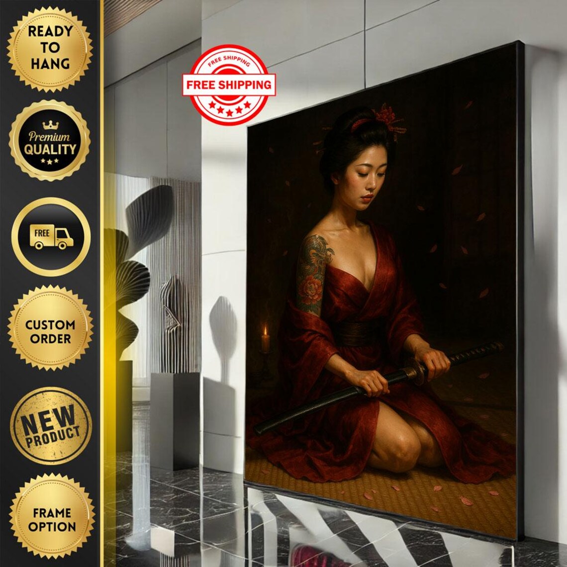 Kneeling Woman in Red Kimono Holding Katana Candlelight Poster