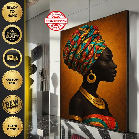Bold African Woman Portrait Canvas Wall Art Print Vibrant Living Room Decor Statement Piece