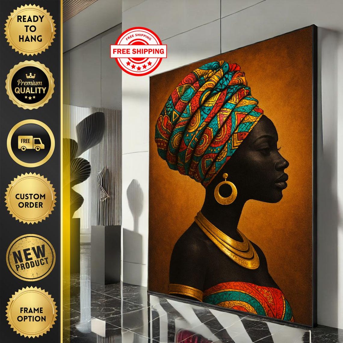 Bold African Woman Profile with Colorful Tribal Headwrap Art Poster