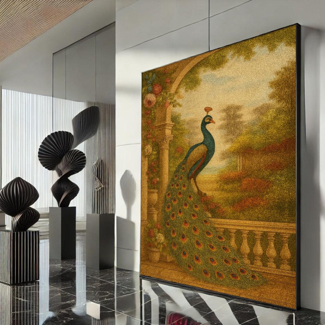 Vintage Peacock on Golden Garden Terrace Elegant Nature Poster