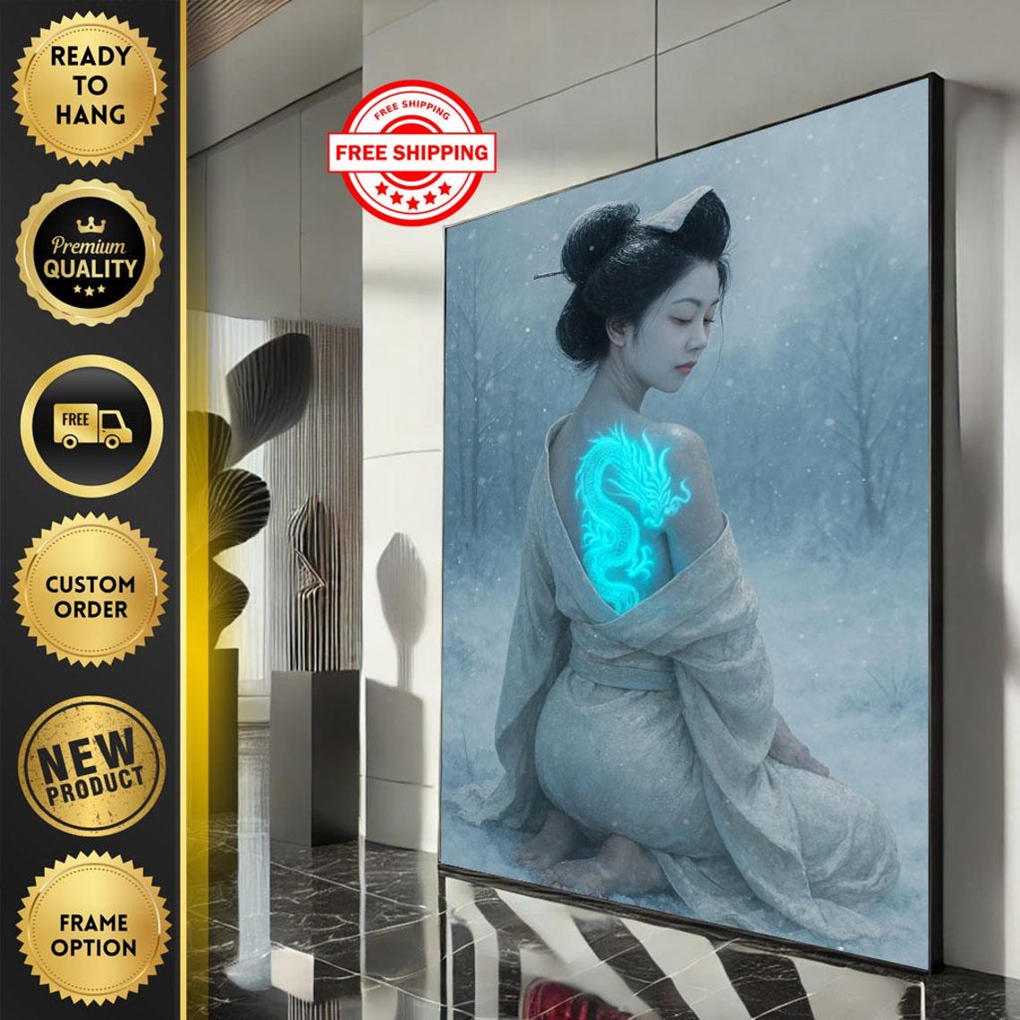 Winter Woman Glowing Blue Dragon Tattoo Snow Portrait Art Poster