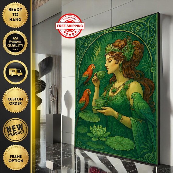 Green Goddess Parrot Art Nouveau Tropical Tea Ceremony Style Poster
