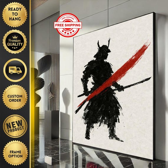 Bold Samurai Silhouette Canvas Wall Art Print Modern Red And Black Living Room Decor Statement Piece