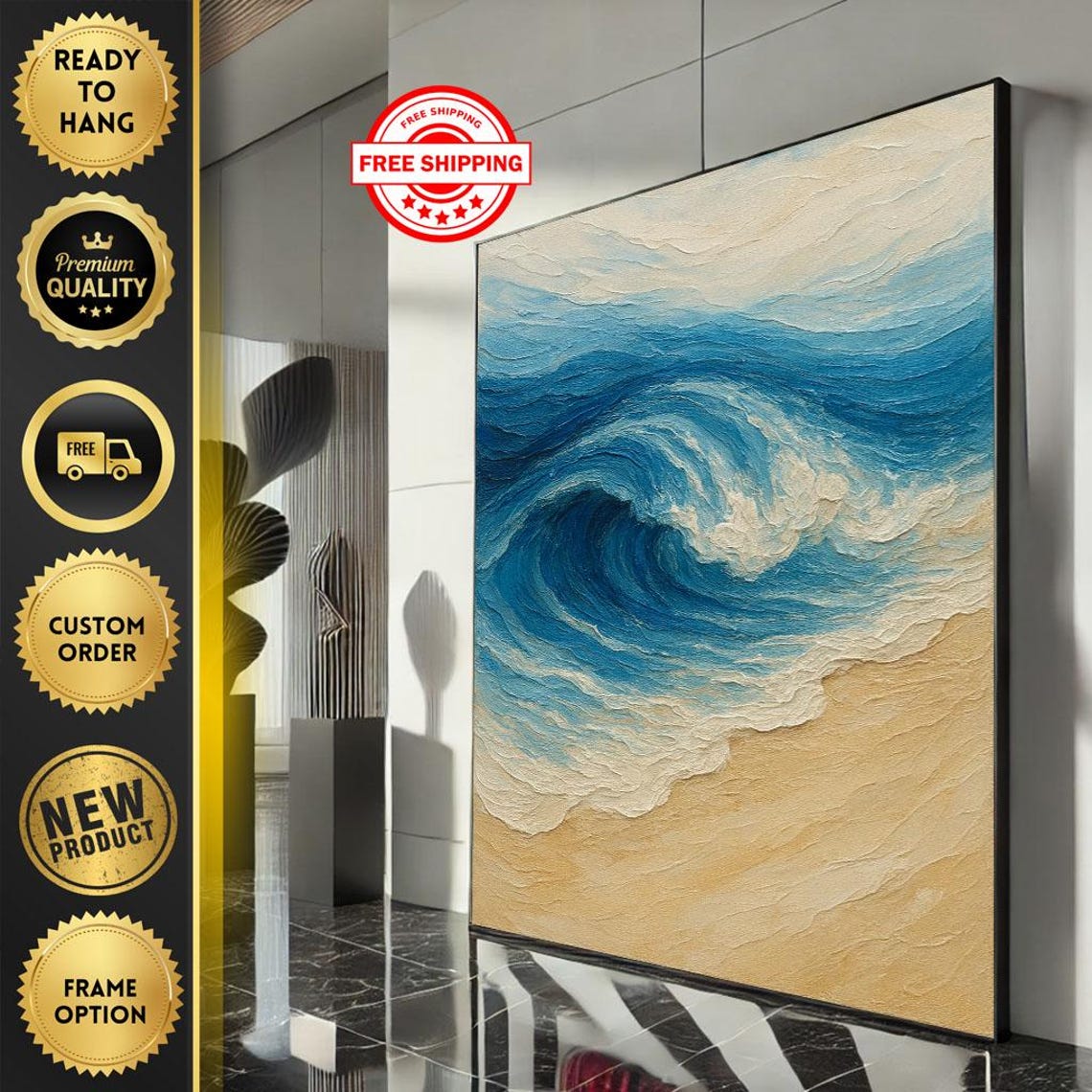 Ocean Wave Abstract with Textured Blue and Beige Impasto Poster