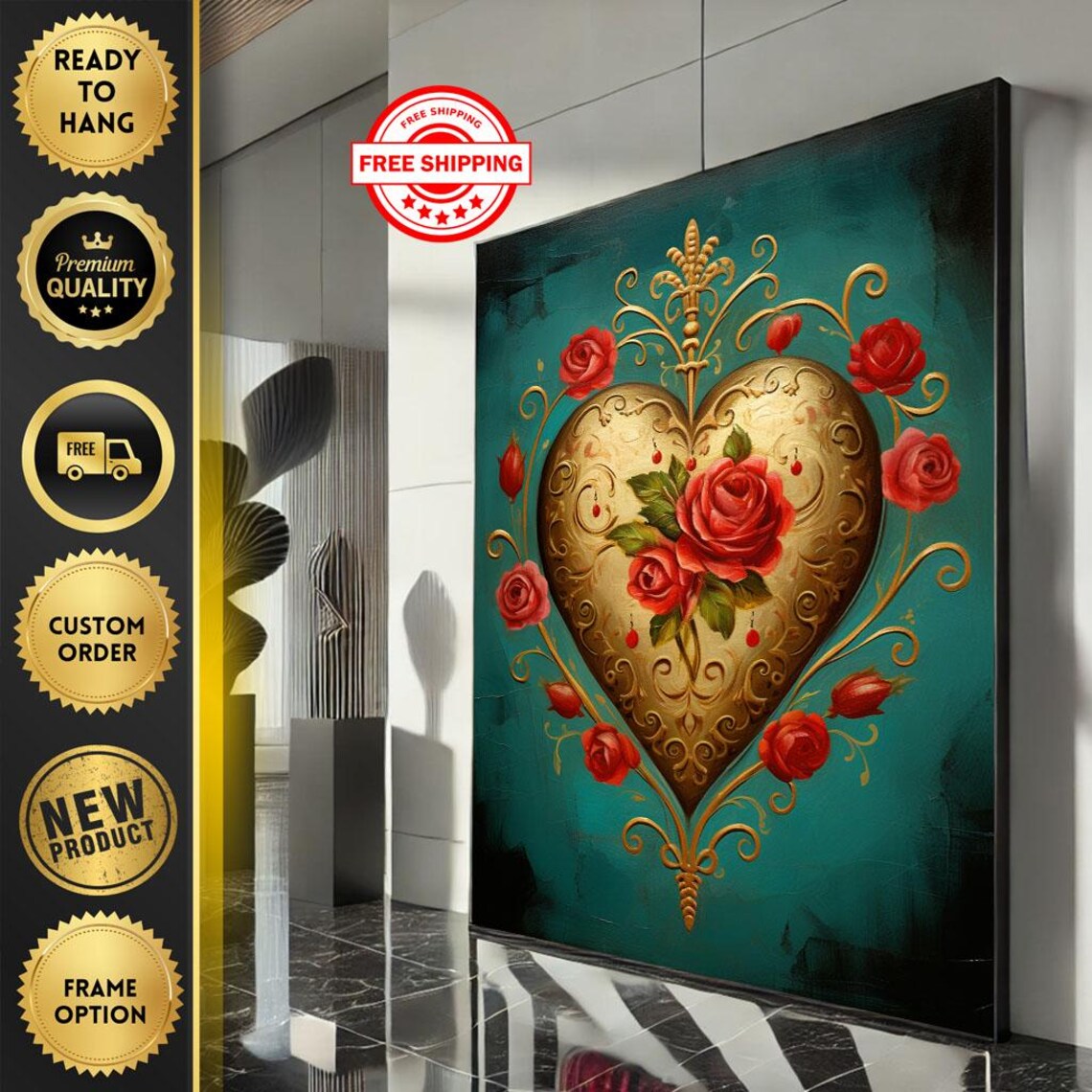 Golden Sacred Heart with Red Roses Ornate Teal Romance Poster