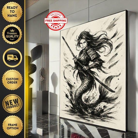 Fierce Warrior Woman Samurai Canvas Wall Art Print Monochrome Living Room Decor Ready To Hang