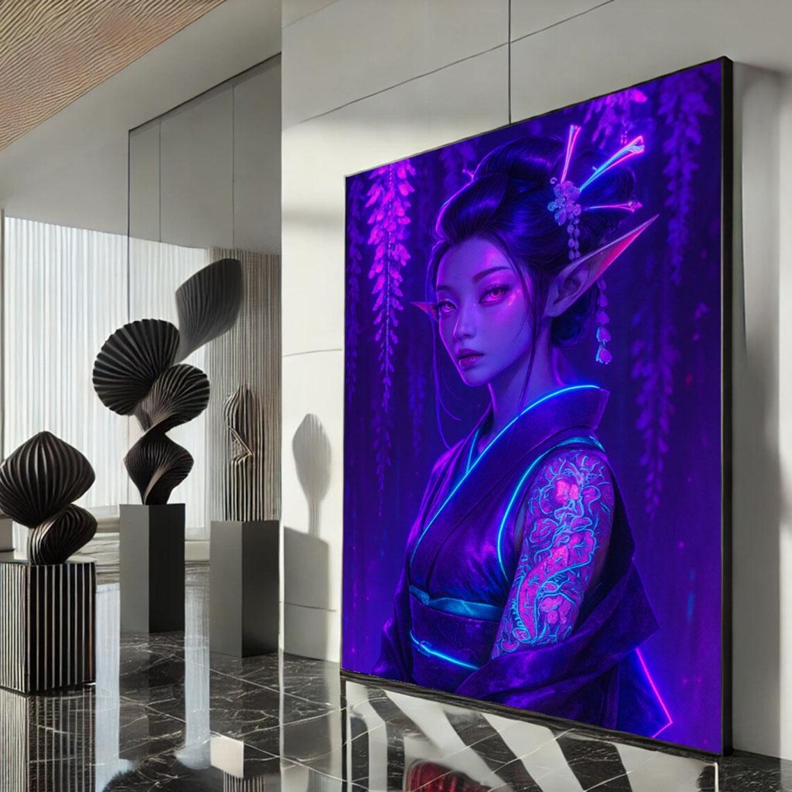 Neon Cyberpunk Geisha Purple Glow Tattoo Futuristic Wall Art