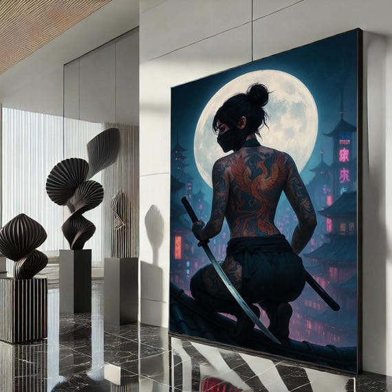 Mysterious Samurai Woman Canvas Wall Art Print Dark Ninja Bedroom Decor Ready To Hang