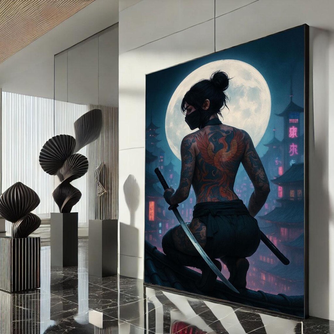 Tattooed Ninja Woman Full Moon Neon Japanese City Fantasy Art Poster