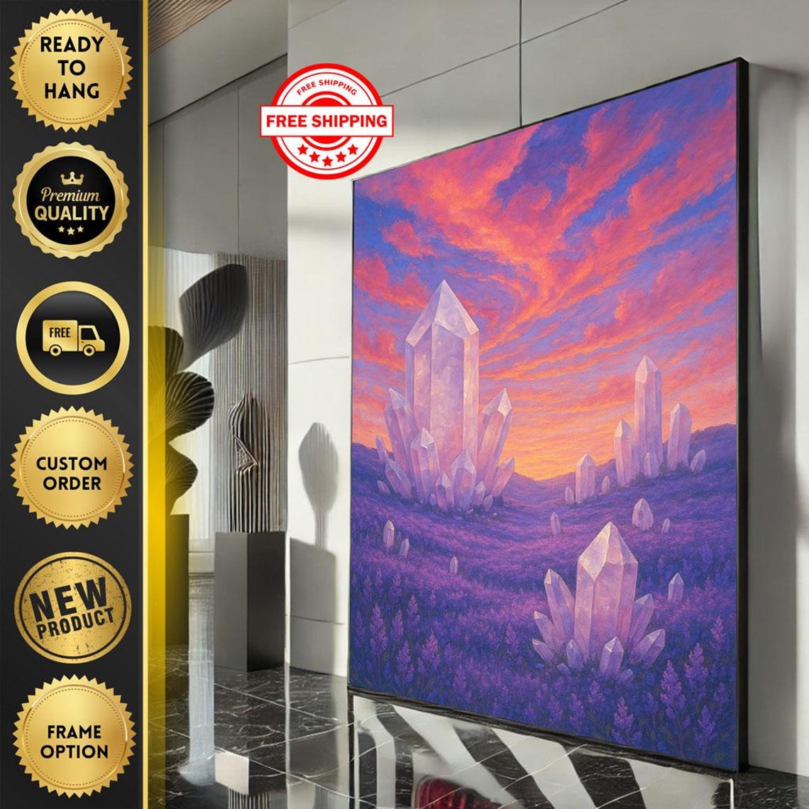 Fantasy Crystal Landscape Vibrant Purple Orange Sky Art Poster