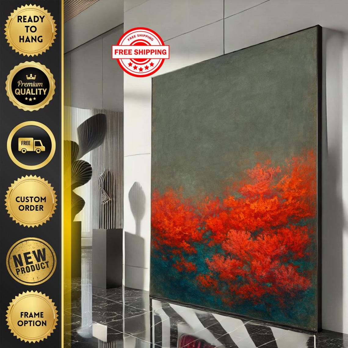 Bold Vibrant Coral Red Foliage Abstract Nature Painting Poster