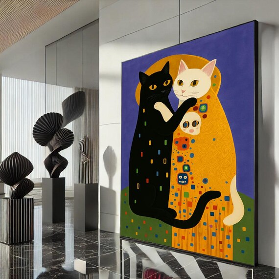 Klimt Style Cat Couple Mosaic Art Gold Embracing Cats Poster