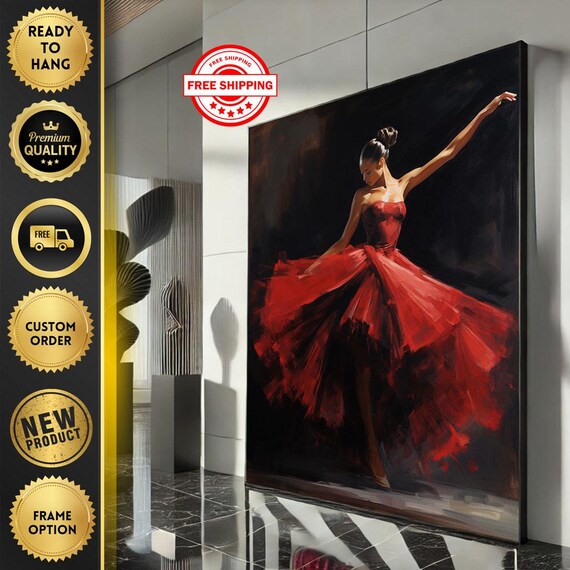 Elegant Ballerina In Flowing Red Dress Dramatic Oil Painting Poster