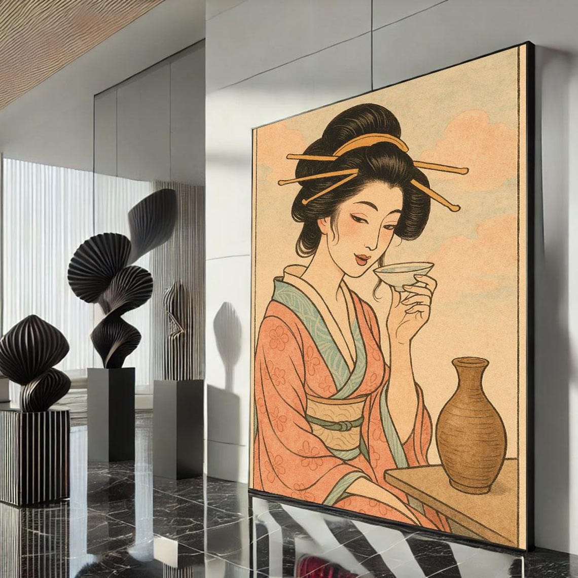 Traditional Geisha Tea Cup Ukiyo-e Style Kimono Woman Art Poster