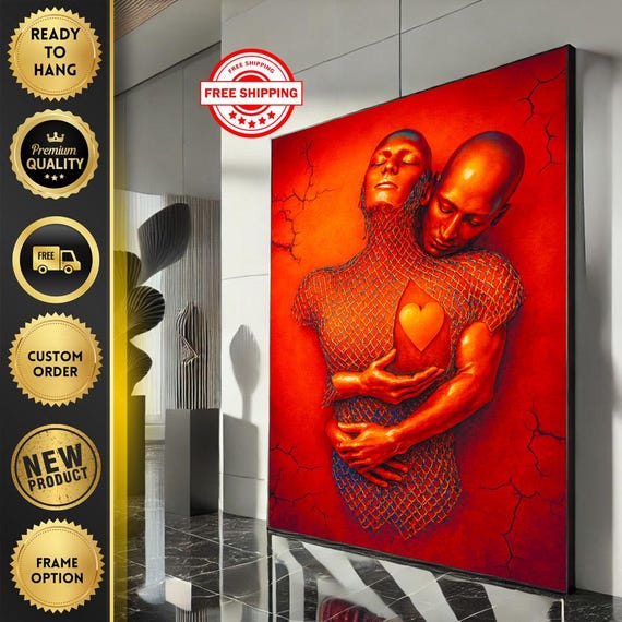 Intense Emotional Embrace Canvas Wall Art Print Bold Red Living Room Decor Ready To Hang Statement Piece