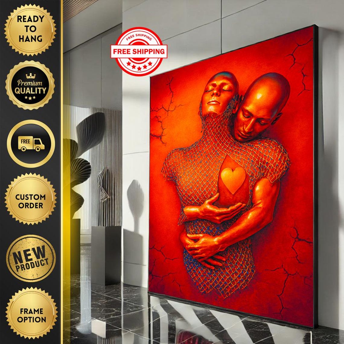 Intense Red Embrace Couple Heart Passionate Surreal Art Poster