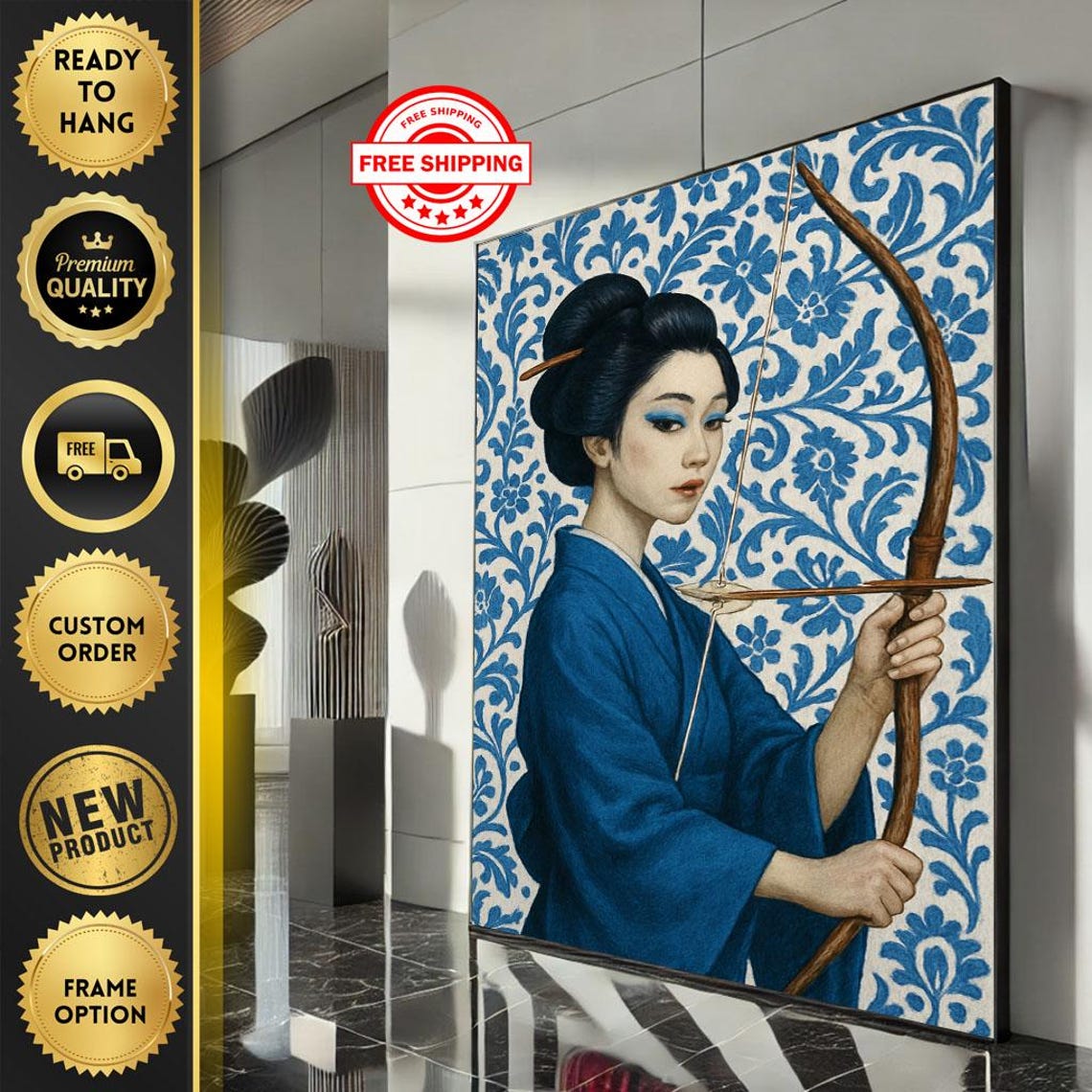 Blue Kimono Archer Woman Floral Damask Japanese Portrait Art Poster