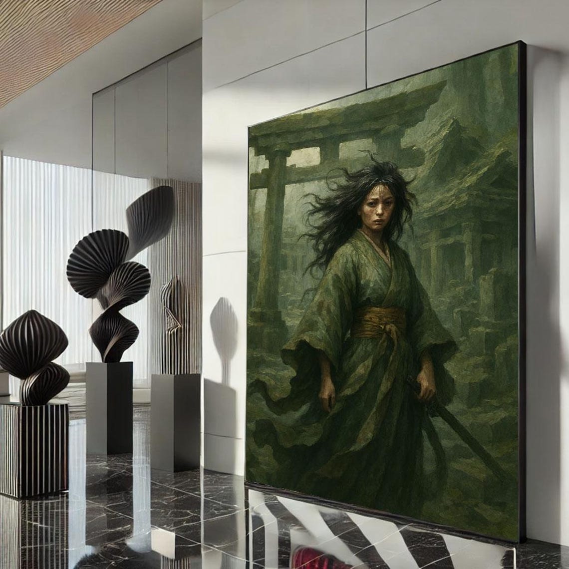 Samurai Woman Green Kimono Sword Misty Torii Gate Oil Poster
