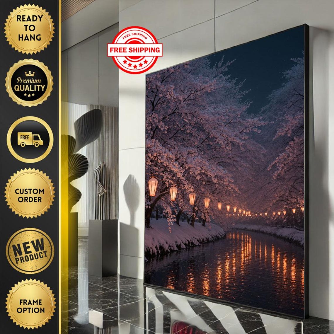 Cherry Blossom Night Lanterns Canal Japanese Winter Art Poster