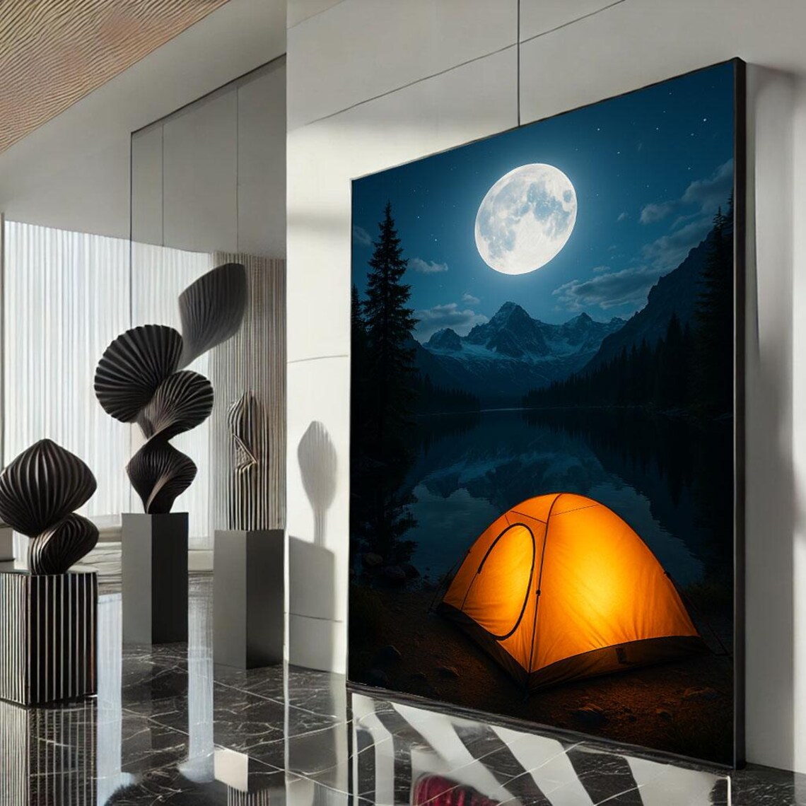 Huge Full Moon Over a Still Lake with Glowing Orange Camping Tent Poster