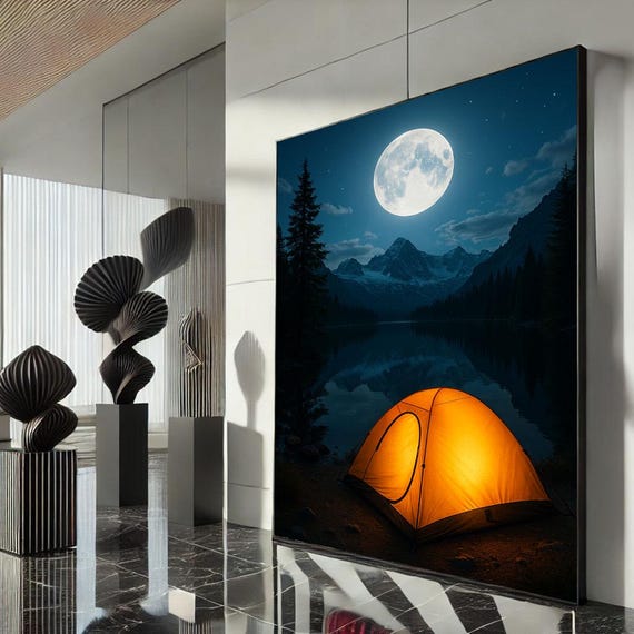 Moonlit Mountain Camping Canvas Wall Art Print Tranquil Nighttime Living Room Decor Ready To Hang
