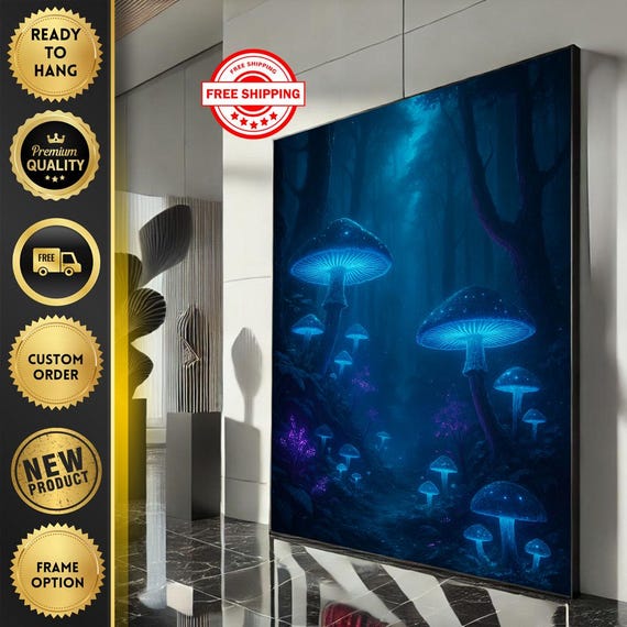 Mystical Glowing Mushrooms Canvas Wall Art Print Enchanting Blue Forest Living Room Decor Ready To Hang