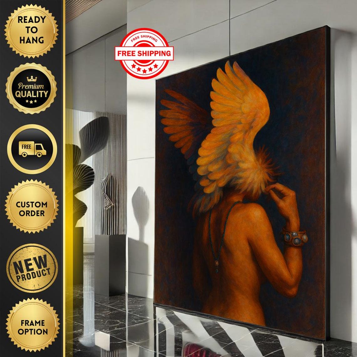 Golden Winged Angel Back View Mystical Sunset Bronze Art Poster