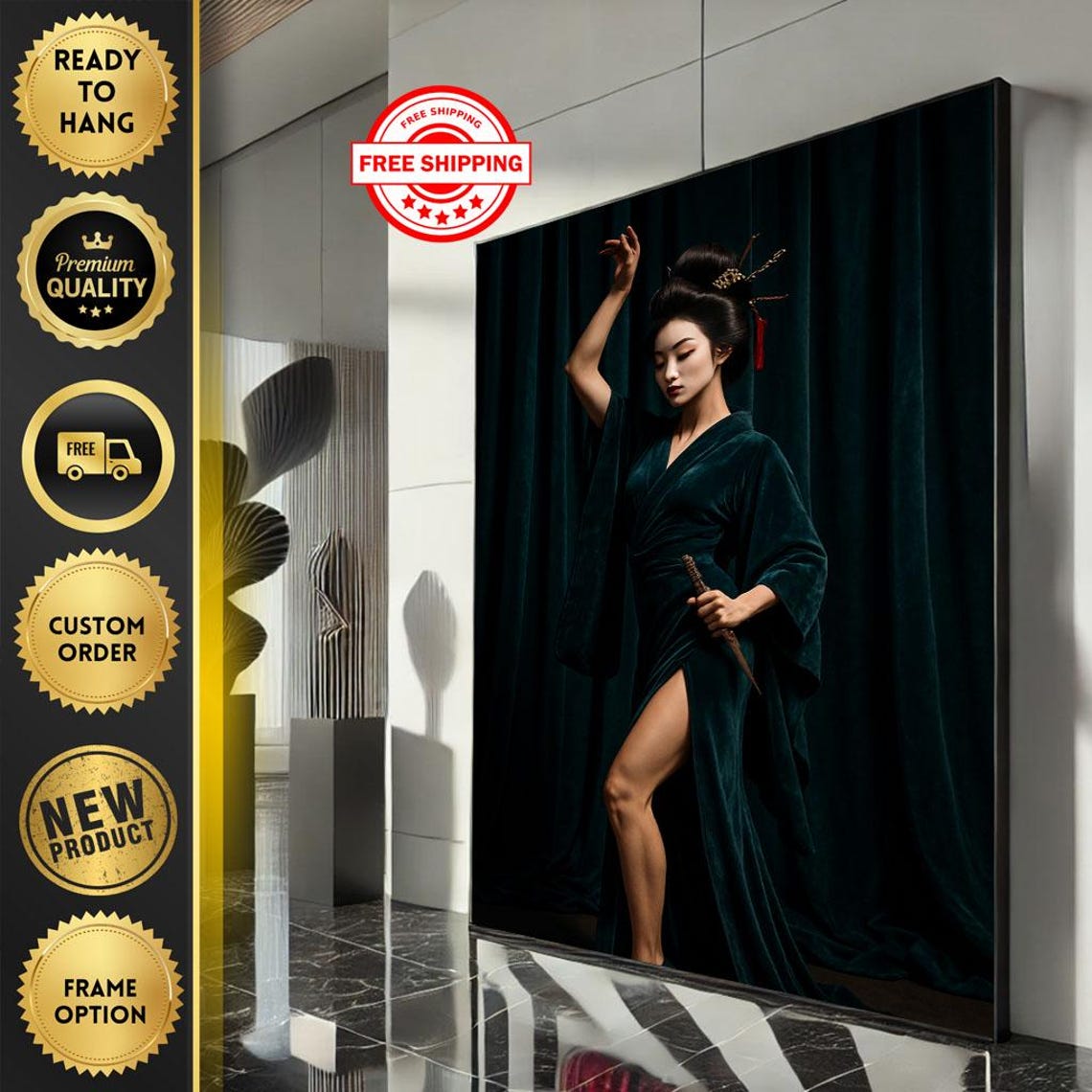 Elegant Geisha Dancer in Emerald Green Kimono Dark Portrait Poster