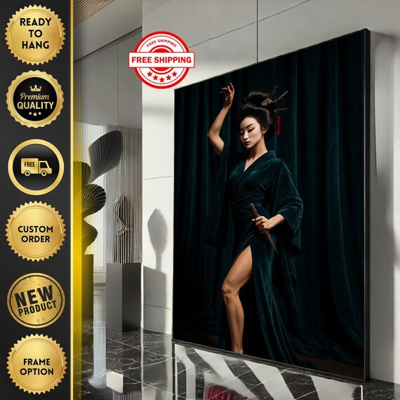 Elegant Geisha Dancer in Emerald Green Kimono Dark Portrait Poster