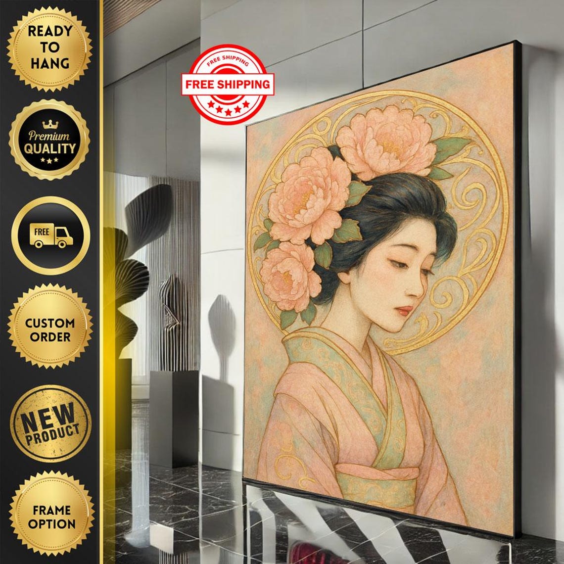 Elegant Japanese Woman in Kimono with Pink Peonies Vintage Poster