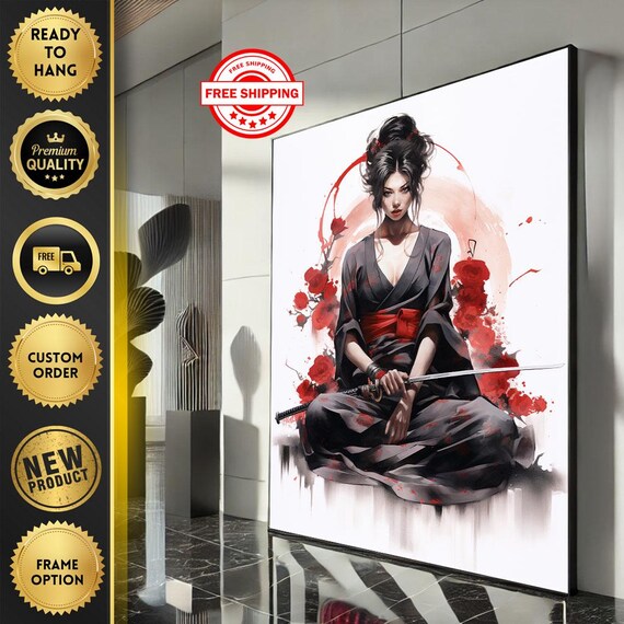 Kneeling Woman With Katana Red Roses Japanese Ink Art Poster