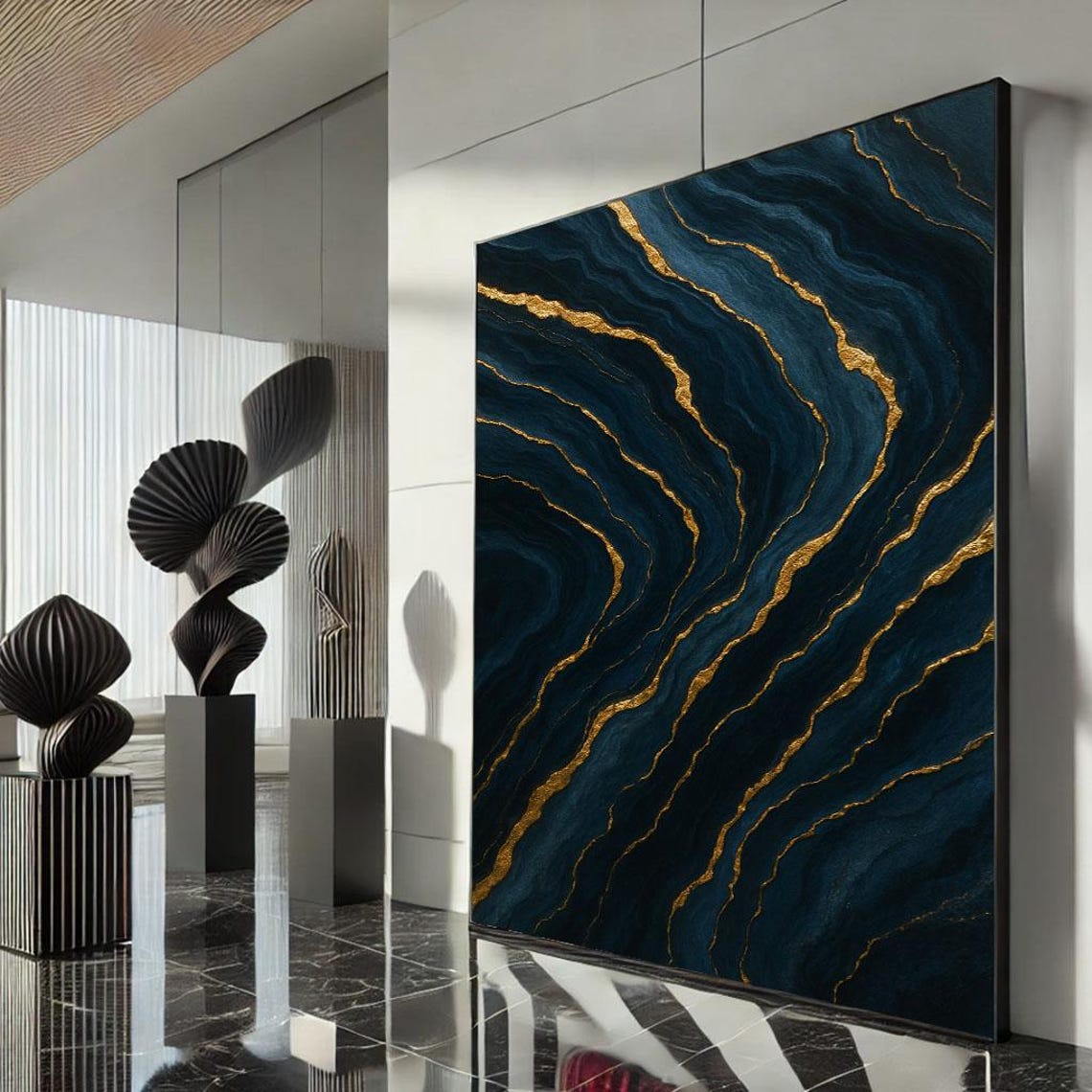 Navy Blue And Gold Marble Vein Abstract Luxe Elegant Art Poster