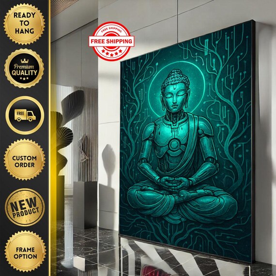 Cybernetic Robot Buddha Meditating Teal Futuristic Zen Art Poster